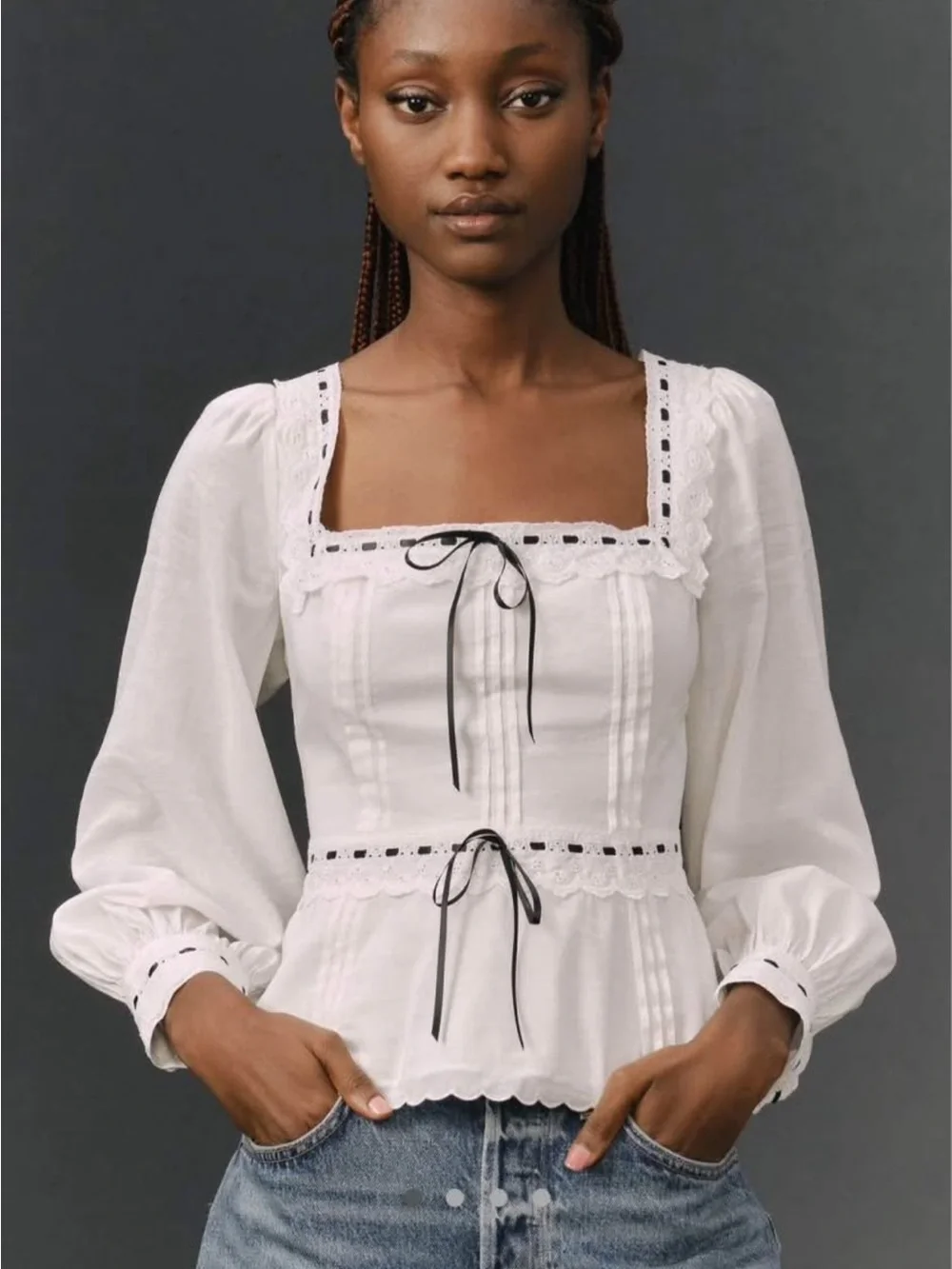 Reformation White Square-Neck Peasant Blouse with Black Ribbon